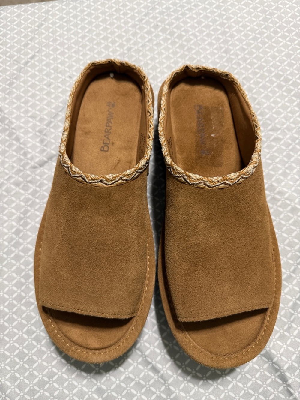 BearPaw Women’s Brown Suede Slip-On Mules with Braided Trim